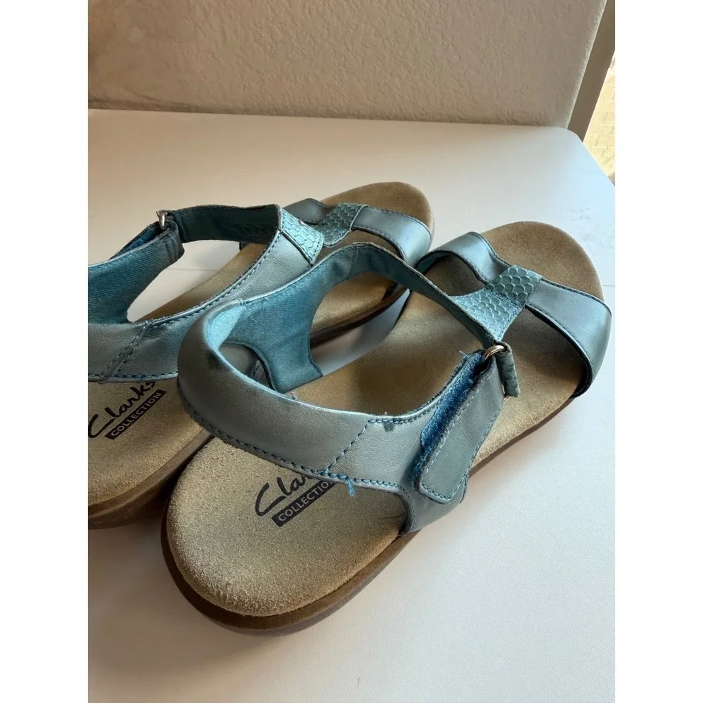 Clarks Collection Blue Leather Snakeskin Texture Slingback Sandals Womens 8.5 M